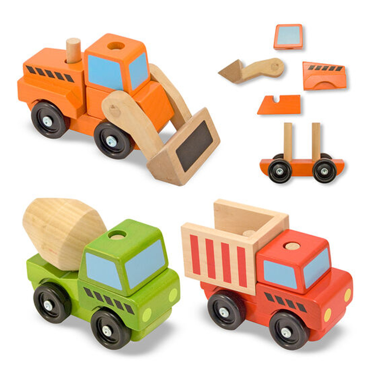 FOUR Wooden Toy TRUCK Set Log Barrel Tanker Dump Truck Wood