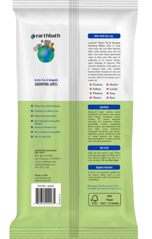 EarthBath Green Tea & Awapuhi Grooming Dog Wipes, 100 Pk.