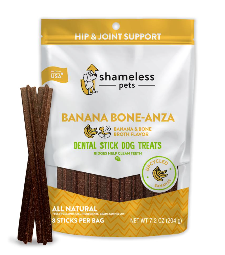 Image showcasing Shameless Pets Banana Bone-anza Dental Stick Dog Treats, 7.2 oz ...