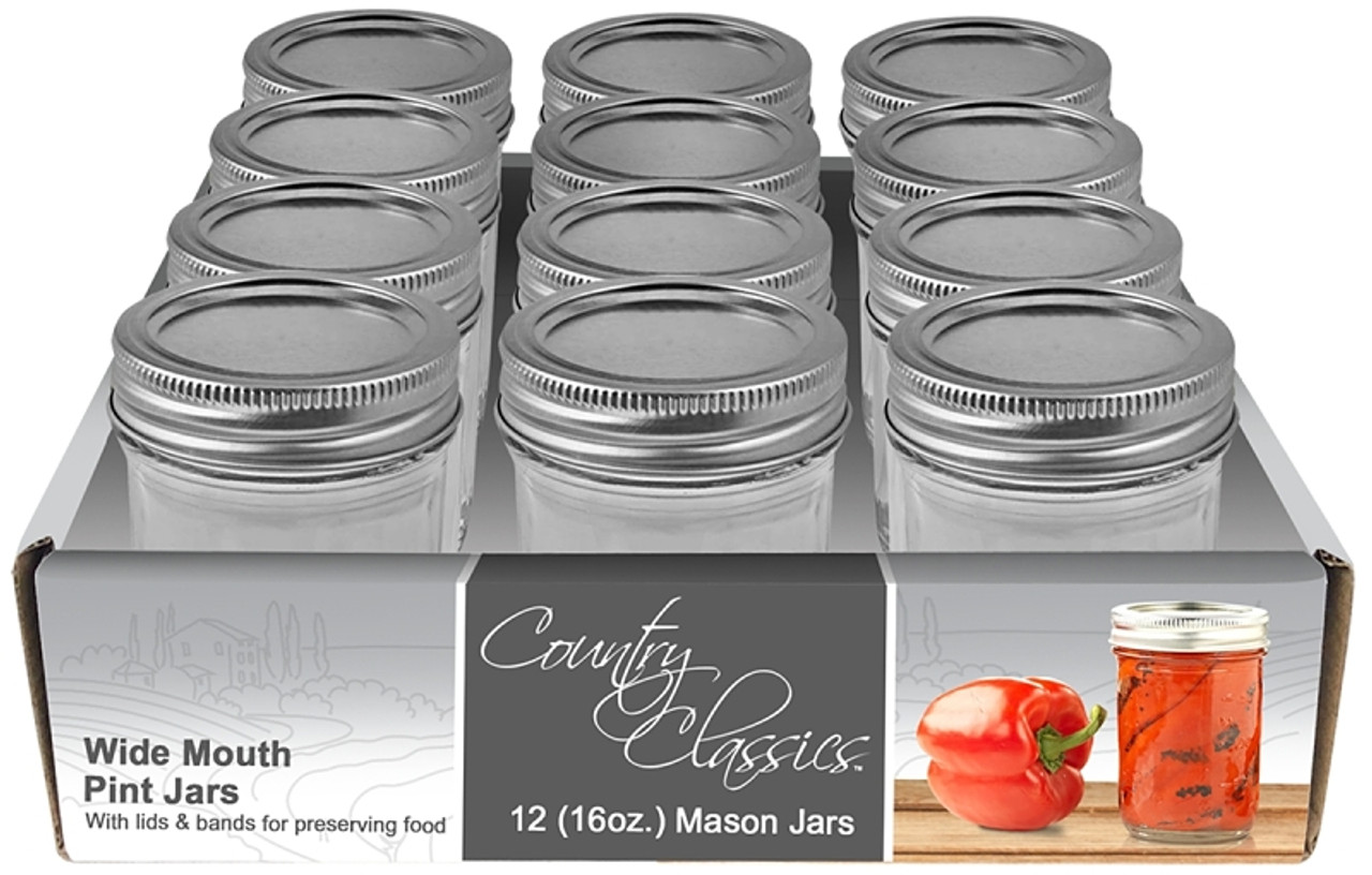 Choice 16 oz. Pint Wide Mouth Canning / Mason Jar with Silver Metal Lid and  Band - 12/Pack