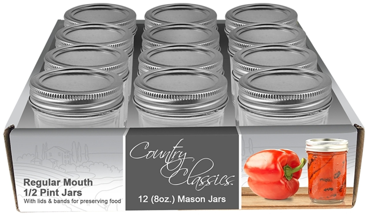 Choice 8 oz. Half-Pint Regular Mouth Glass Canning / Mason Jar with Silver  Metal Lid and Band - 12/Pack