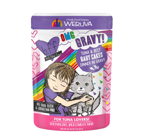 Weruva BFF OMG Tuna & Beef Baby Cakes Dinner in Gravy Wet Cat Food Pouch, 3 Oz.
