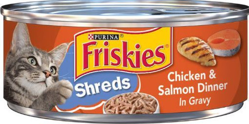 Purina Friskies Savory Shreds Chicken & Salmon Dinner in Gravy Canned Cat Food, 5.5 Oz.