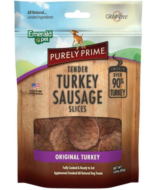Emerald Pet Purely Prime Tender Turkey Sausage Slices Dog Treats, 3 Oz. Bag