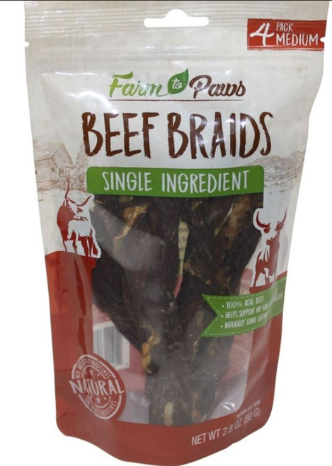 Farm To Paws Beef Braids Dog Chews, MD-4 Pk.