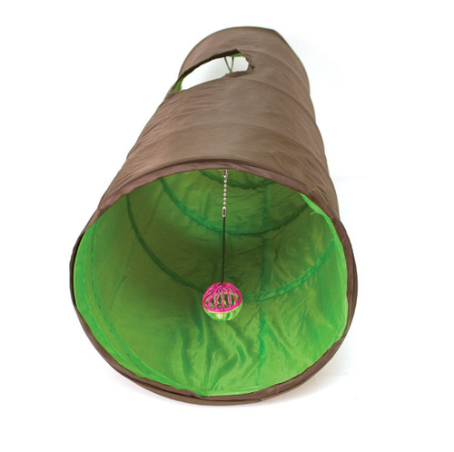 Nylon Crinkle Cat Tunnel with Peek-a-Boo Window & Toy, Brown & Green, 11" x 53.5"