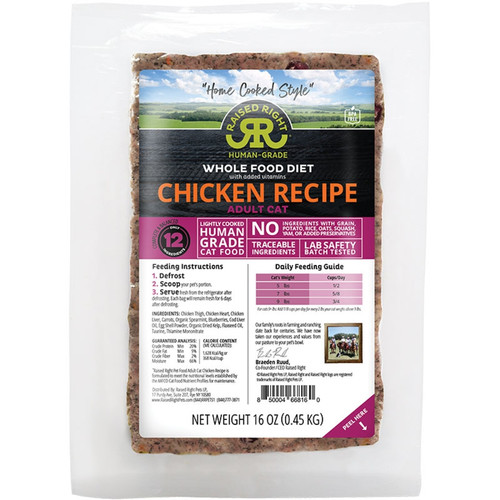 Raised Right Cat Frozen Human-Grade, Nutrient-Rich Adult Cat Food, Chicken, 1 lb.