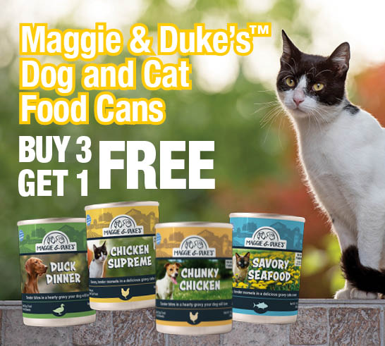 Maggie and Duke's dog and cat food cans, buy 3 get 1 free.