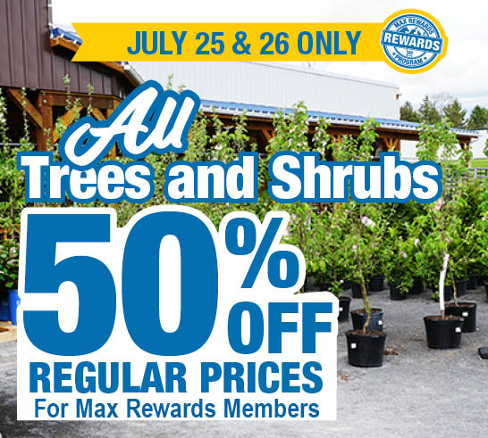 50% off Trees and Shrubs July 25 and 26 only