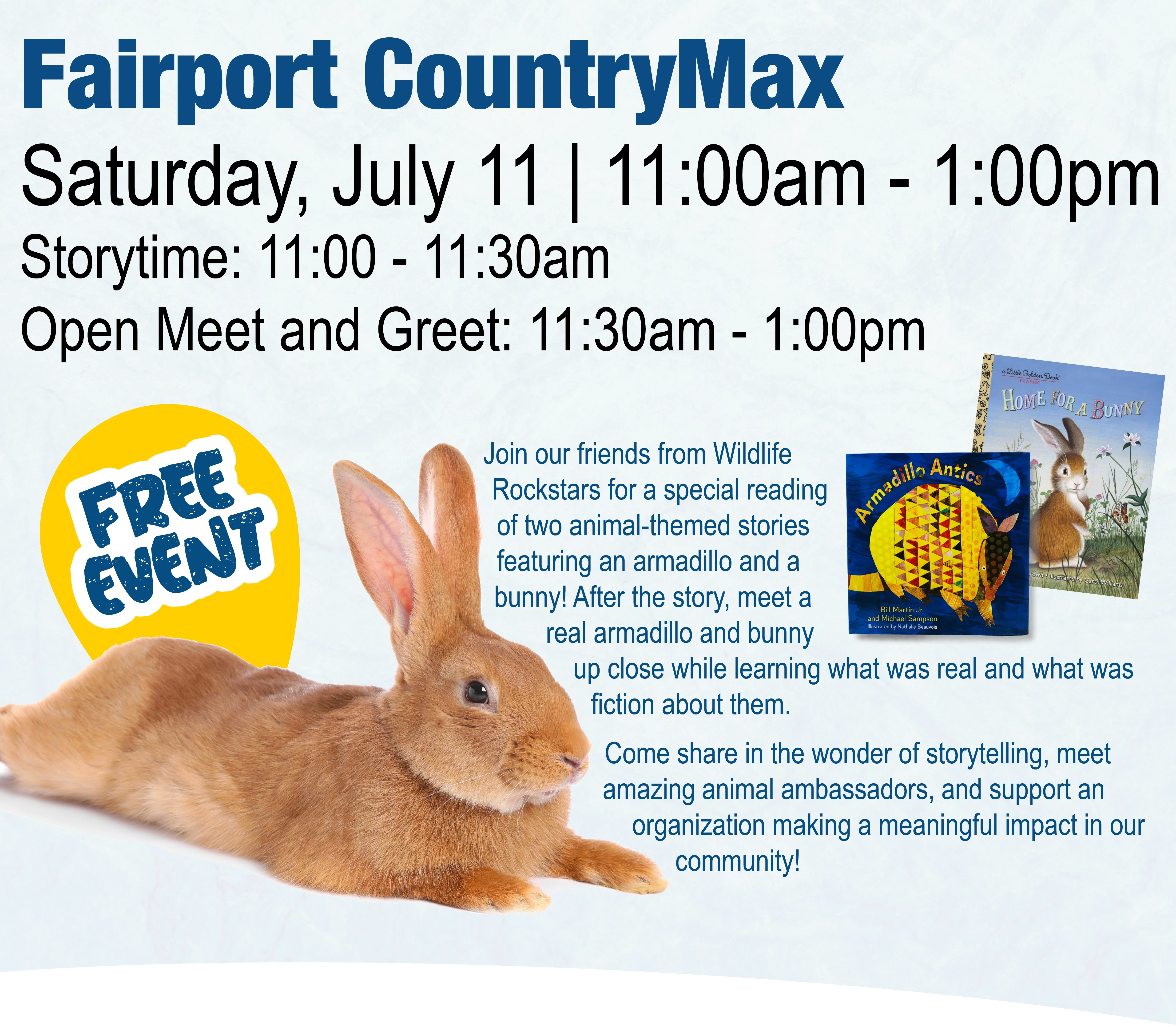 Fairport CountyMax Saturday July 11 11am to 1pm Enjoy a story then meet the real life animals