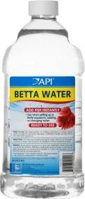 A clear 64 fl oz bottle of API Betta Water featuring a blue and yellow label with a red Betta fish graphic.