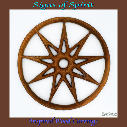Baha'i Symbol of Faith wood carving by Signs of Spirit. This variation consists of 9 acute angles radiating out from an open center within a circle.