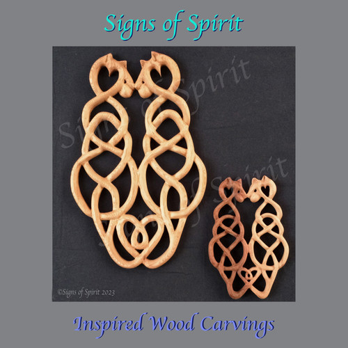Cat Love Knot, Symbol of Anti-Co Dependency by Signs of Spirit ~ Inspired Wood Carvings. Example of Full and Miniature size.