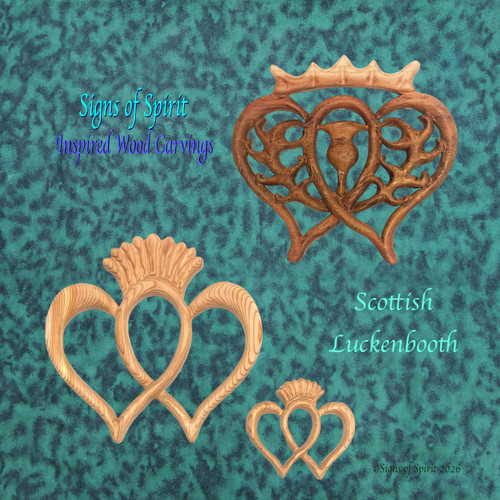 The Luckenbooth brooch is a traditional Scottish love token favored by Mary Queen of Scots. It is often given as a betrothal or wedding brooch. Its basic design consists of 2 Hearts with a crown. Inspired Wood Carving by Signs of Spirit