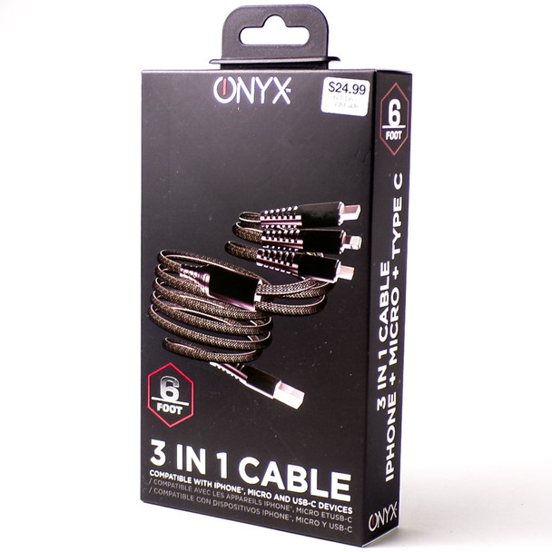 Onyx 6' 3-in-1 Lightning, Micro + USB-C Charging Cable