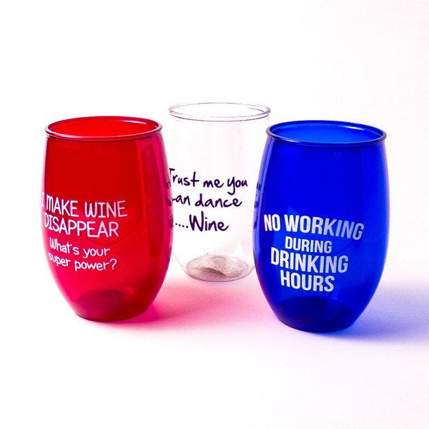 Stemless Plastic Humorous Wine Glasses - Assorted 3ct