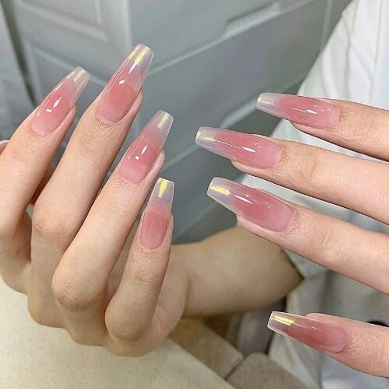 24 Pieces Set Shiny Jelly Pink Long Style Fake Nail Fashion Wholesale Nail Stickers A392-nstr0108