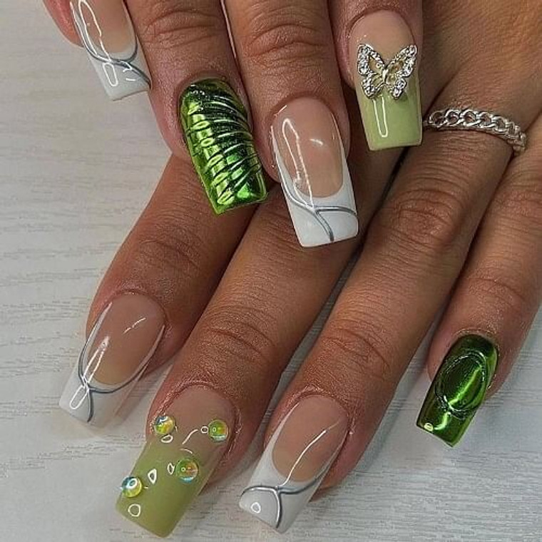 Green Three-dimensional Water Drop and Buttery 24 Pieces Set Fake Nail Wholesale Nail Stickers A392-nstr0116