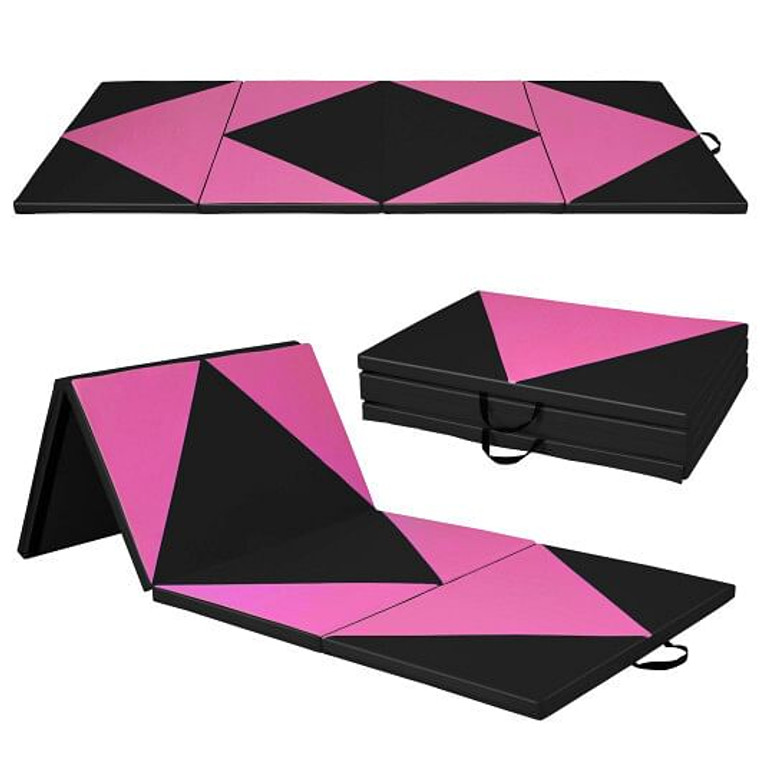 4-Panel PU Leather Folding Exercise Gym Mat with Hook and Loop Fasteners-Black & Pink - Color: Blac D681-FH10101RO