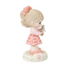 Front right angle view of Precious Moments Growing in Grace Brunette Girl Age 9 with Bird Birthday Figurine, 154036B.