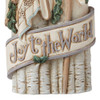 Close-up view of banner on Heartwood Creek White Woodland Holy Family Christmas Ornament by Jim Shore, 6007932.