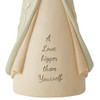 Close-up view of the message on the front of the Foundations New Mom with Baby Angel Figurine, 6013015.