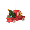 Rear right angle view of the Grinch in Red Truck Christmas Ornament by Jim Shore, 6012706.