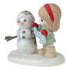 Front left angle view of the Precious Moments Girl with Snowman Figurine - Friendship Never Melts Away, 231042.