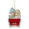 Front view of the Precious Moments Couple in Christmas Sleigh Ornament, 231034.