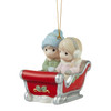 Front left angle view of the Precious Moments Couple in Christmas Sleigh Ornament, 231034.