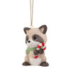 Front left angle view of the Precious Moments Raccoon with Candy Cane Tree Ornament 'Spreading Christmas Cheer', 221024.