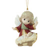 Front view of the Precious Moments Angel with Baby Jesus Christmas Tree Ornament 'Away in a Manger', 231037.