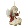 Front right angle view of the Precious Moments Angel with Baby Jesus Christmas Tree Ornament 'Away in a Manger', 231037.
