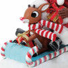 Close-up of Rudolph at the front of the sled.