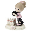 Front left angle view of Precious Moments Growing in Grace Brunette Girl Age 10 Bowling Figurine, 154037B.