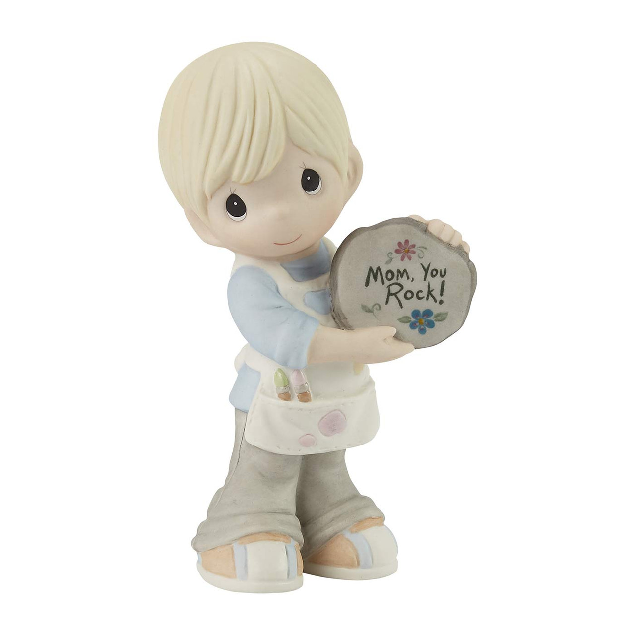 Precious Moments Blonde Boy with Mother's Day Painted Rock