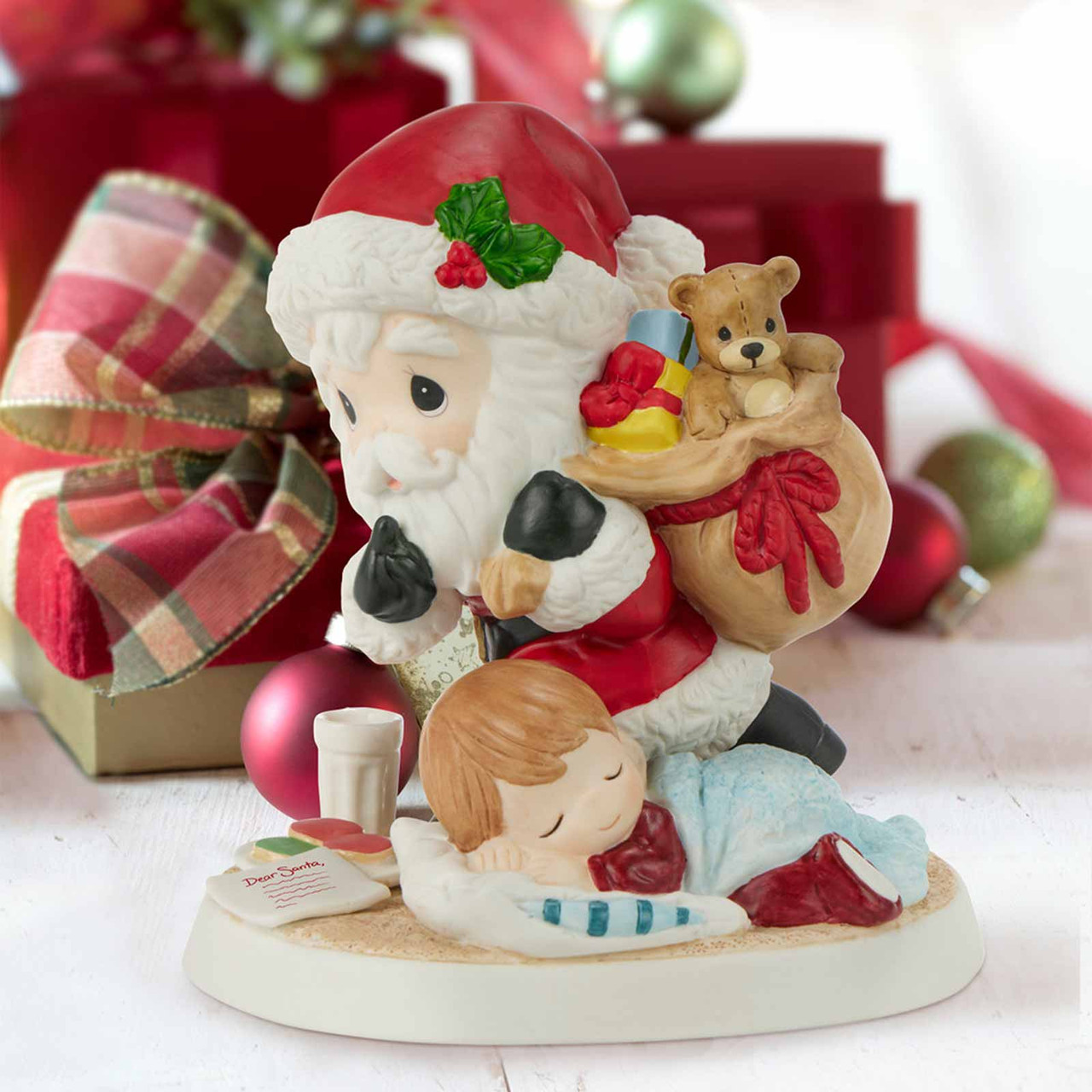 Precious Moments Santa Tiptoes by Sleeping Boy to get Milk and