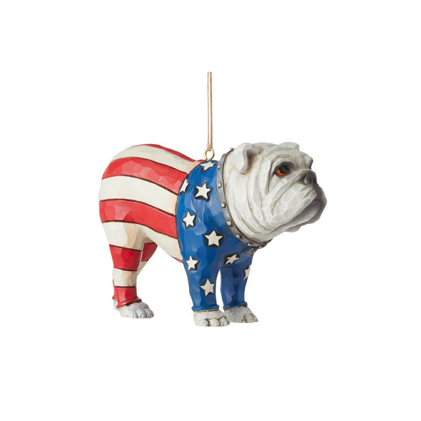 Front right angle view of Heartwood Creek Patriotic Bulldog Ornament by Jim Shore, 6011679.