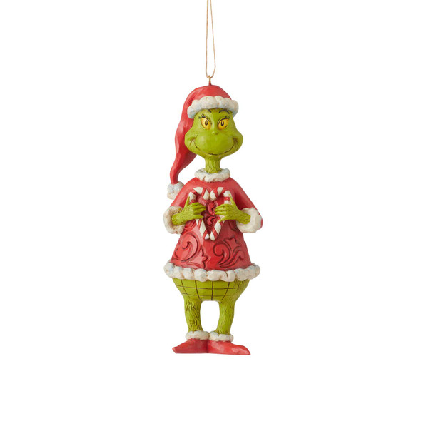 Front view of Dr. Seuss Grinch Holding Candy Canes Christmas Ornament by Jim Shore, 6010785.