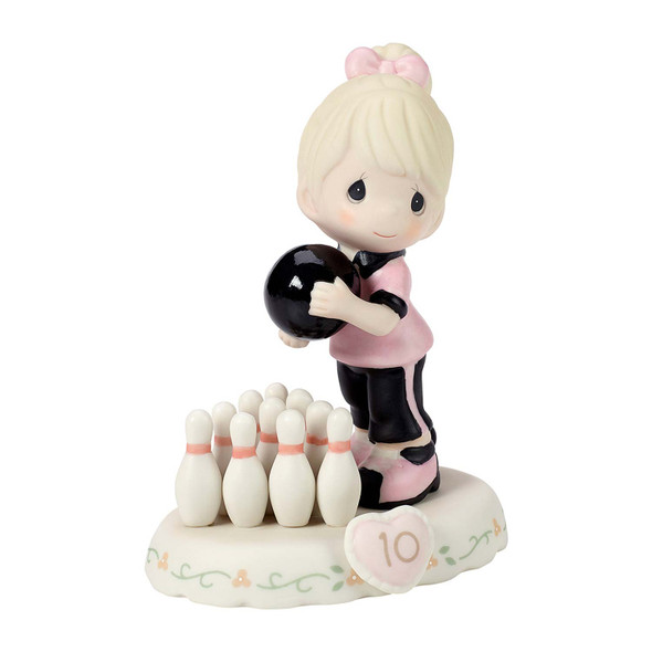 Front right view of the Precious Moments Growing in Grace Age 10 Blonde Girl Bowling Figurine, 154037.