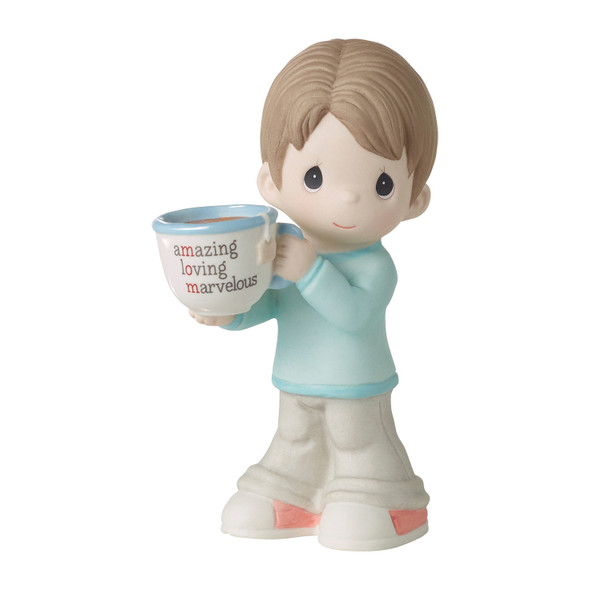 Front view of Precious Moments 'Mom, You're Amazing' Brunette Boy Figurine, 223008E.