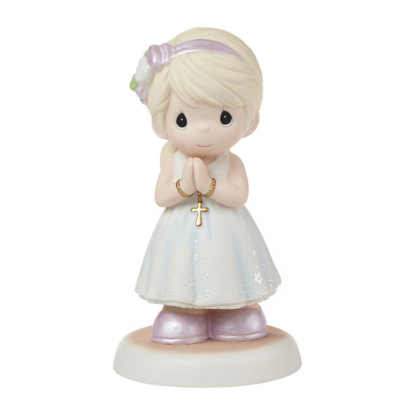 Front view of the Precious Moments 'Blessings On Your Communion' Blonde / Light Skin Girl Figurine, 222021.
