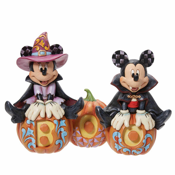 Front view of the Disney Traditions by Jim Shore 'Cutest Pumpkins in the Patch' Mickey & Minnie Halloween Figurine, 6013052.