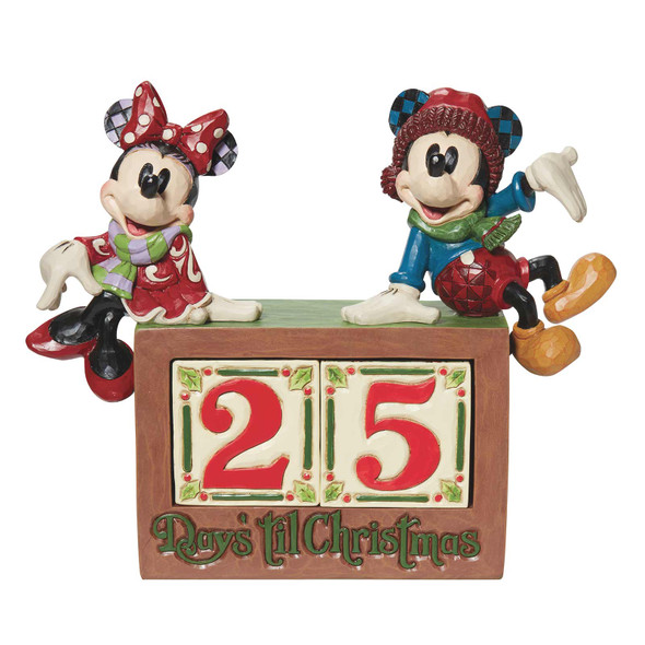Front view of the Disney Traditions Mickey & Minnie Christmas Countdown Block Calendar Figurine, 6013057.