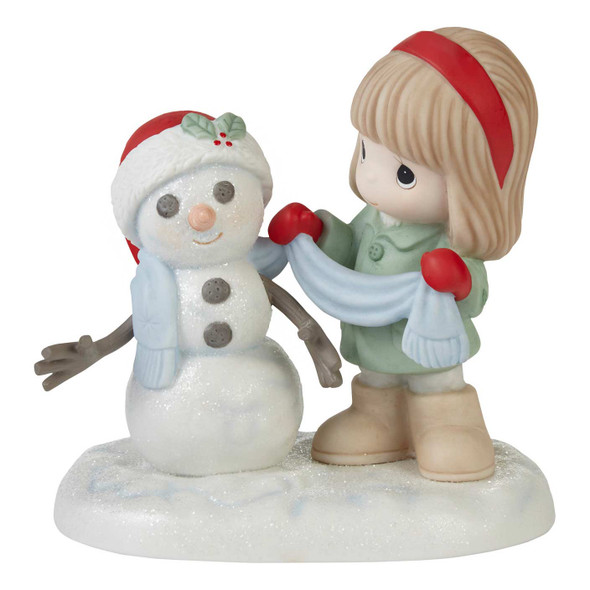 Front view of the Precious Moments Girl with Snowman Figurine - Friendship Never Melts Away, 231042.