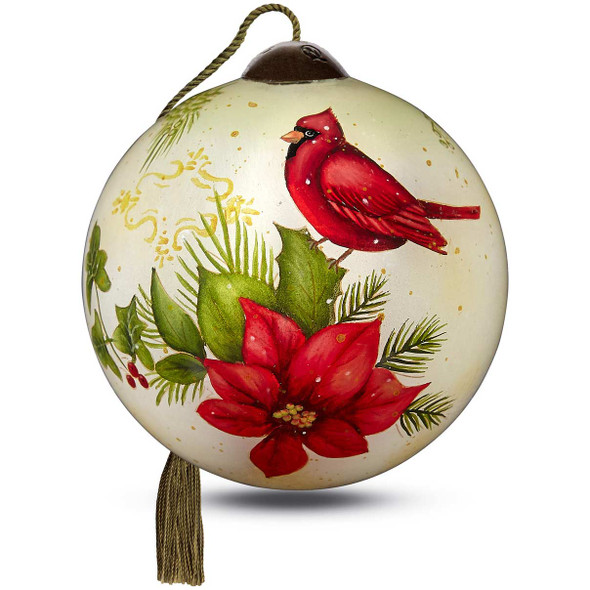 Front view of the Precious Moments Ne'Qwa 'Winter Medley' Cardinal Christmas Ornament, 7221129.