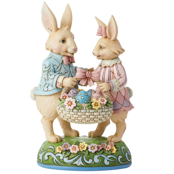 Front view of the Heartwood Creek Bunny Couple with Easter Basket Figurine by Jim Shore, 6014389.