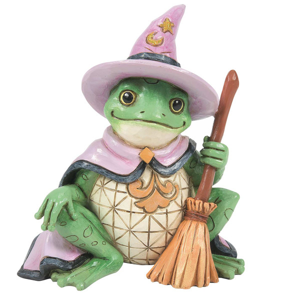 Front view of the Jim Shore Heartwood Creek Frog Witch Mini 3.4in Halloween Figurine, 6014478.