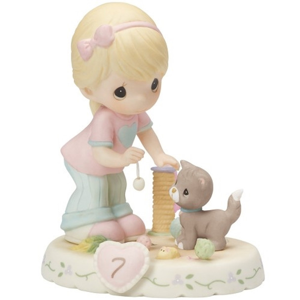 Precious Moments Growing in Grace Age 7 Blonde Girl with Kitten Figurine