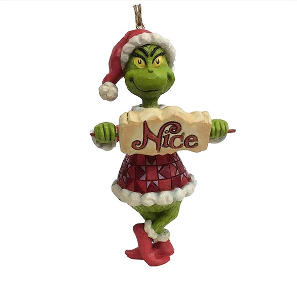 Nice sign view of Grinch with Naughty Nice Sign Christmas Ornament by Jim Shore, 6002073.